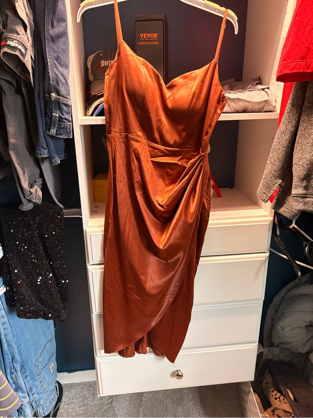 Satin Rust Slip Dress with Drape Detail